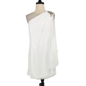 Vintage 90s Y2K Cocktail Dress Sheer Overlay Beaded One shoulder Mini Dress SZ 4